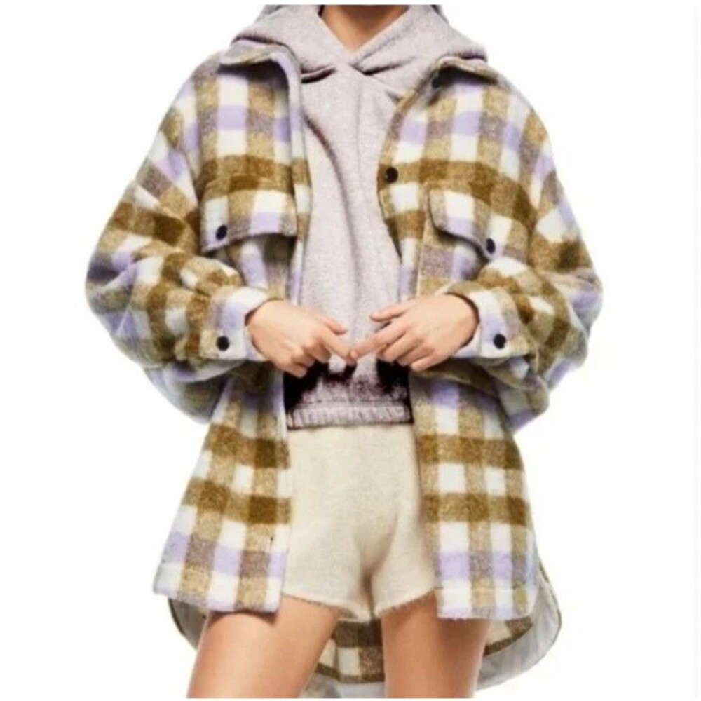 Zara Oversized Shacket Women's M/L Multicolor Plaid Wool Blend Button Up Pockets